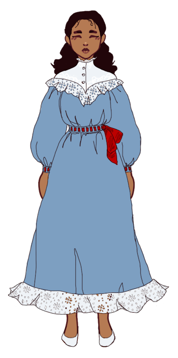 digital sketch of costume for clara: long victorian nightgown with big puffy sleeves, in blue-grey flannel, with pointed white yoke edged in broderie anglaise, red satin ribbon at the waist and wrists, and a flounce of broderie anglaise at the bottom hem; white ballet slippers; on a model with medium brown skin and black half-up curly hair